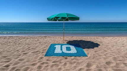 Beach towel with number ten under a green umbrella on a sandy beach with a calm ocean.