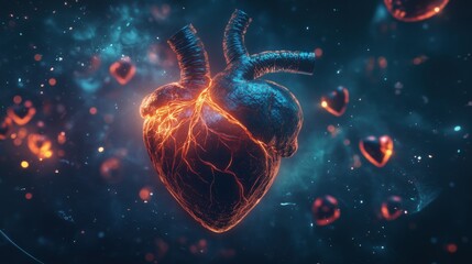 Stunning Hyper-Realistic 3D Render of a Glowing Heart Surrounded by Floating Hearts in a Cosmic Background, Evoking Deep Emotion, Intensity, and a Sense of Connection in a Dark Fantasy Style