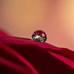 A single, crystal-clear water droplet resting on a deep red rose petal, reflecting an entire miniature landscape within its surface