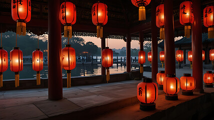 Tranquil Pavilion with Glowing Red Lanterns Reflecting on Water

