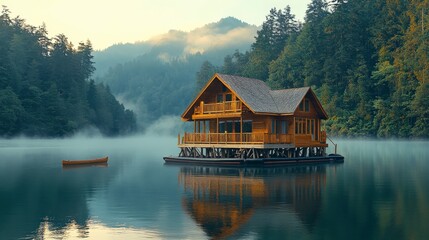 Fototapeta premium Misty Morning Lake Houseboat Tranquil Wooden Home on Calm Water with Forest Background