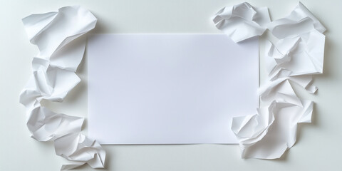 Paper with blank space for text surrounded by crumpled paper on a white background top view