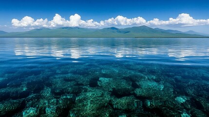 Calm ocean reflecting mountains and clouds, clear water revealing underwater coral reef.