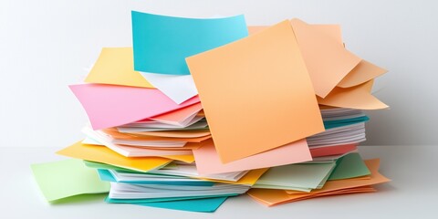 Colorful sticky notes piled on white background