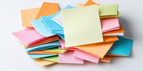 Colorful sticky notes piled on white background