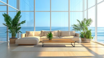 Fototapeta premium Bright living room with sectional sofa and indoor plants