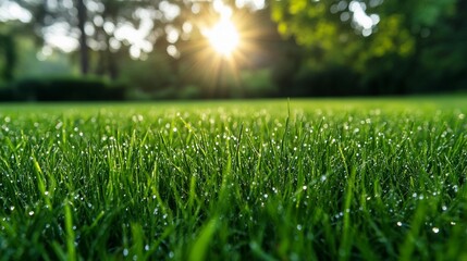 Close-up of dew-covered grass at sunrise, showcasing vibrant green blades and a blurred sunlit background.