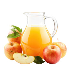 A large jug filled with apple juice, surrounded by fresh apples, isolated on a clean white background, inviting and bright. cutout png