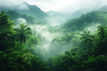 Mist-covered tropical forest landscape captures serene natural beauty in the early morning light