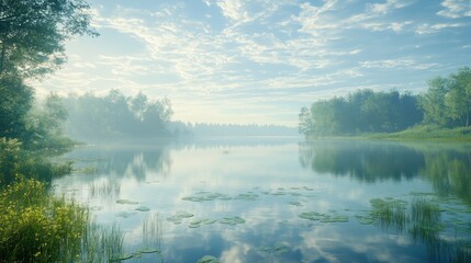 Obraz premium Misty morning lake scene, tranquil forest reflection