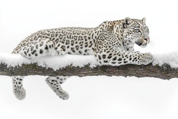 Obraz premium Snow leopards resting on a snow-covered branch in a serene winter landscape