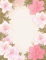 Obraz premium 和紙に手書き描かれた白色とピンク色のつつじの花のフレーム背景素材。テキストスペースあり。AIで生成