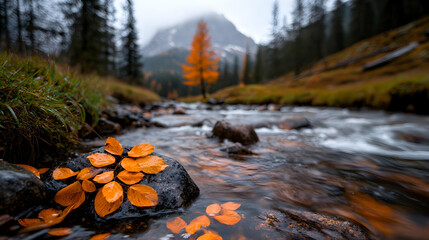 Obraz premium Autumn River Scene with Golden Leaves and Mountain Background