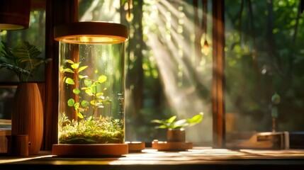 This image showcases a minimalist interior design, emphasizing simplicity and tranquility A terrarium, bathed in the warm glow of a spotlight, serves as the focal point, drawing the viewer's eye and