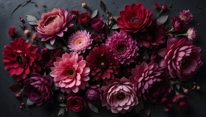 A detailed floral arrangement comprising deep red, pink, and dark purple flowers