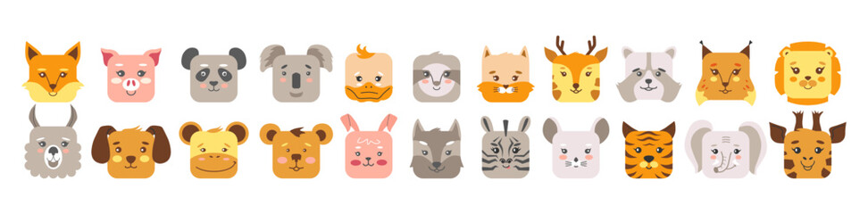Square animal faces icon set. Flat clipart illustration mobile ui game application. Cute cartoon square shape kawaii kids avatar character collection on isolated background. Vector.