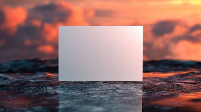 Blank square graphic on rocky shore at sunset