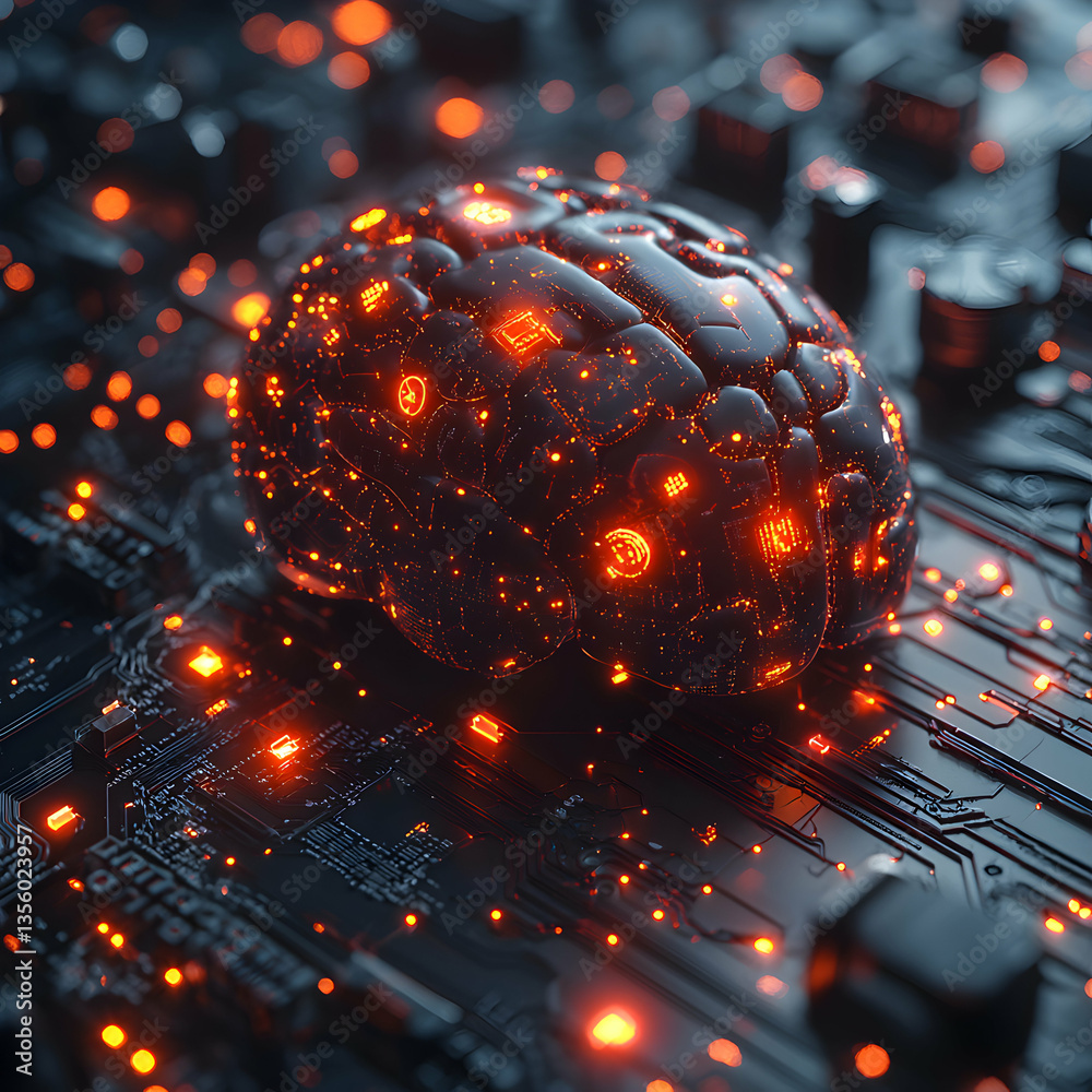 Wall mural ai brain on circuit board glowing orange futuristic technology digital intelligence neural network c