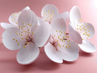 Delicate white cherry blossoms with yellow stamens on soft pink background, evoking serene and elegant atmosphere