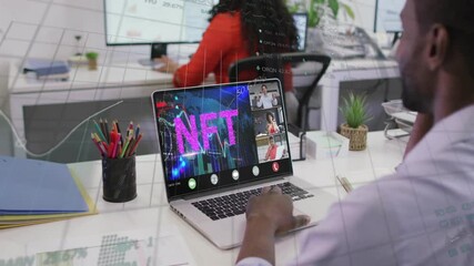 Person attending virtual meeting on laptop with NFT text animation overlay - Powered by Adobe