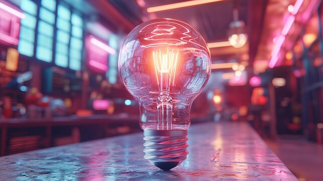 glowing light bulb on reflective surface in vibrant neon lit interior, evoking creativity and innovation