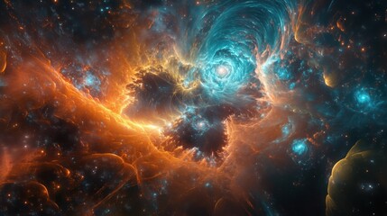 Obraz premium Stunning Cosmic Nebula with Fiery Orange and Tranquil Blue Swirls Captured in Deep Space: A Dazzling Display of Interstellar Gases and Celestial Phenomena Under Ethereal Lighting