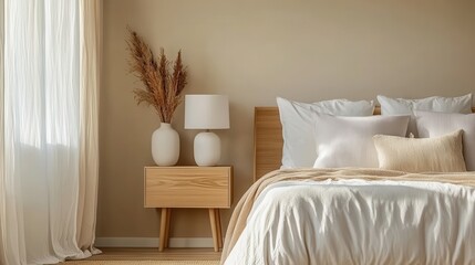 Cozy bedroom interior with natural light and neutral tones
