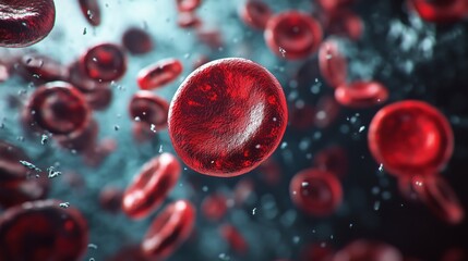 Detailed Close-Up Macro Shot of Vibrant Red Blood Cells in Motion Against a Dark Background, Highlighting Their Unique Structure, Gleaming Surface Texture, and Scientific Significance
