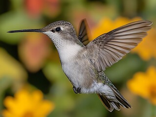 Fototapeta premium A small hummingbird is captured mid flight with extended wings