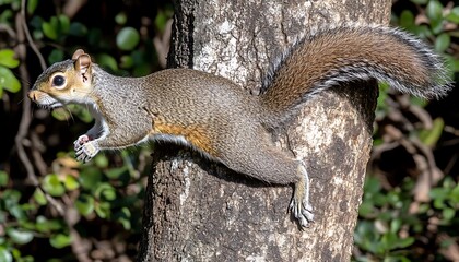 Obraz premium A curious squirrel clings to a tree trunk in daylight hours