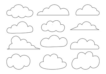 Whimsical Hand Drawn Cloud Outline. A collection of 12 unique hand drawn cloud outlines in simple line art style, perfect for weather scenes, children’s designs, or minimalist sky illustrations