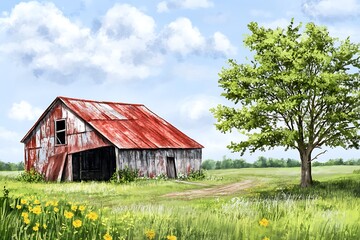Obraz premium Rustic barn in a grassy field under a cloudy sky. Possible use Stock photo for agricultural themes