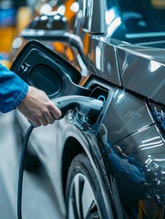 A skilled mechanic uses advanced tools to diagnose and repair an electric car in a sleek, modern workshop.