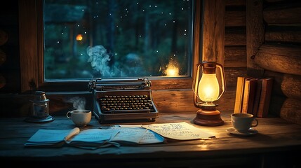 A reclusive writer in a cabin retreat, writing late into the night by the glow of a rustic oil lamp. The wooden desk is covered in handwritten pages, a vintage typewriter,