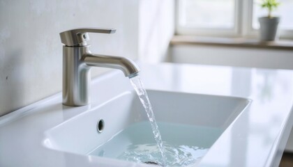 A sink with a faucet that is dripping water. The water is clear and flowing out of the faucet