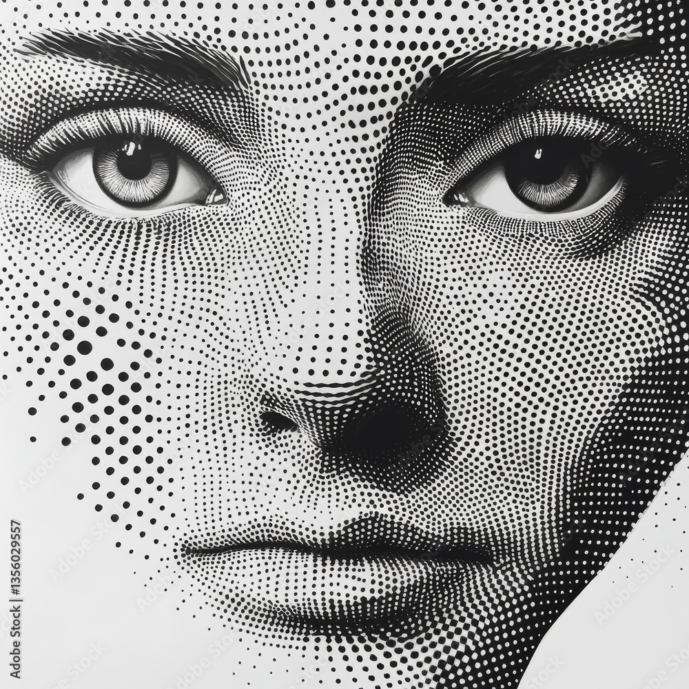 Aufkleber abstract dotted portrait: black and white vision of a woman's face with circular patterns and expres