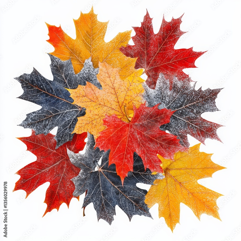 Poster Autumnal Maple Leaves in Frosty Display: A vibrant arrangement of colorful maple leaves dusted with frost on a pristine white background.