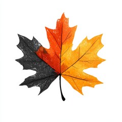 Fototapeta premium Autumnal Duality: A Maple Leaf Split Between Vibrant Fall Colors and a Stark, Graphic Black and White Aesthetic