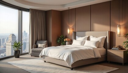 A bedroom with a large bed, a chair, and a potted plant. The room has a modern and sophisticated feel, with a view of the city skyline in the background. The bed is covered in white sheets and pillows