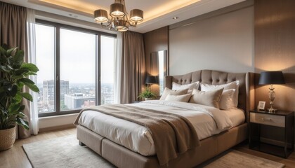 A large bed with a brown comforter and pillows is in a room with a window and a potted plant. The room has a modern and elegant feel, with a large chandelier hanging above the bed