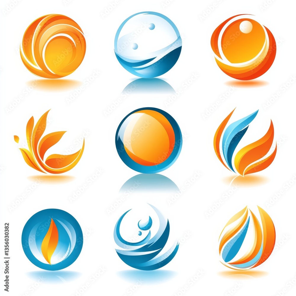 Aufkleber collection of abstract spherical logos and icons in various color schemes and styles on a white back