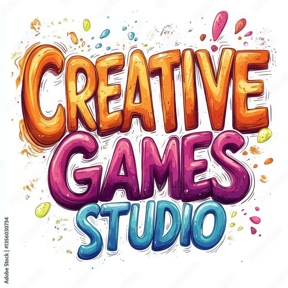 Poster creative games studio logo with vibrant colors and artistic splatters, ideal for game development br