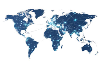 world map, network connections, blue nodes, white background, isolated, no background
