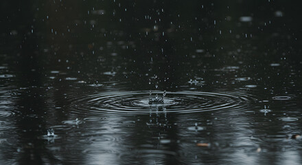 Close-up of raindrop splashing into water creating ripples on a dark reflective surface during rainfall
