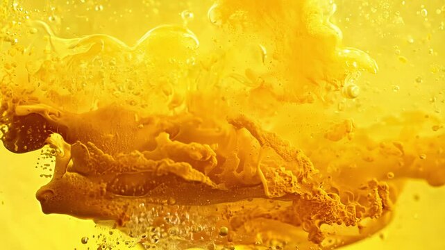Super slow motion video of falling turmeric powder into water, isolated on yellow background, with soft, even lighting