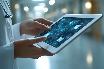 Doctor using a digital tablet in a brightly lit corridor