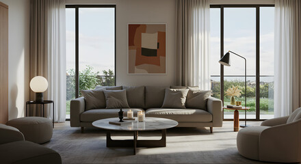 Modern living room with neutral-toned furniture, marble coffee table, and floor-to-ceiling windows with natural light