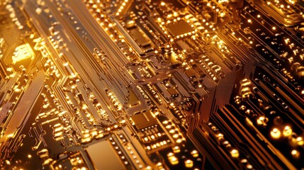 Obraz premium Closeup Golden Circuit Board Technology Abstract Background Detailed View High Resolution Image