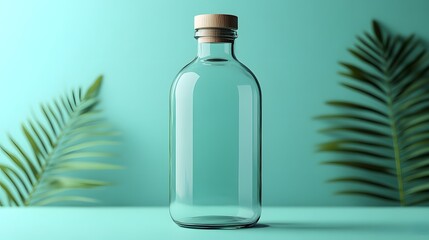 Empty Glass Bottle with Wooden Cap and Tropical Leaves