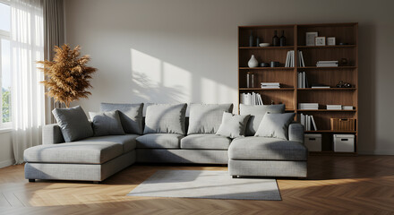 Modern minimalist living room with gray sectional sofa, wooden bookshelf, and natural sunlight